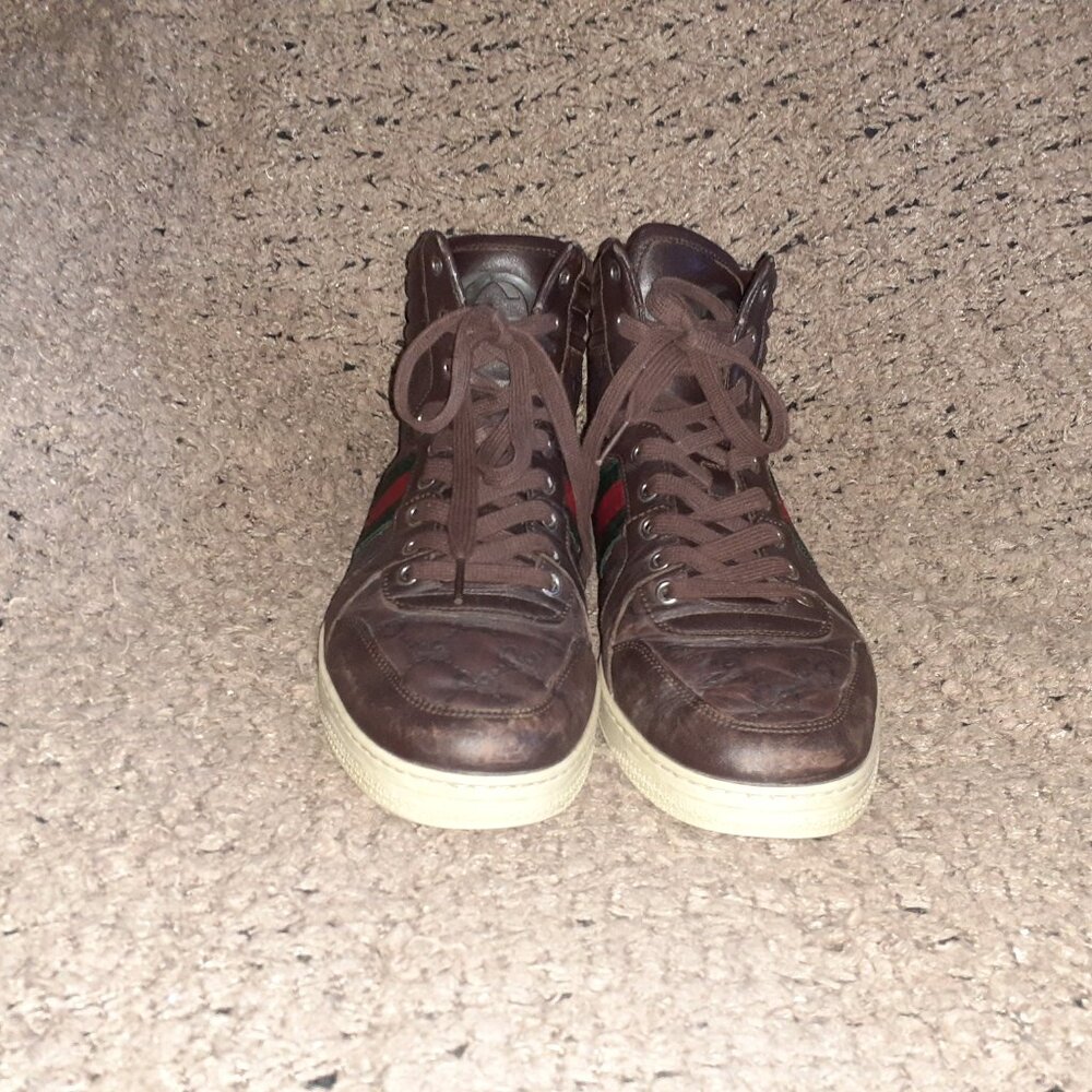 GUCCI-GG High Top 'Guccisima'-Brown Leather Hi-Top Sneakers-Sz 8.5-Excellent - Picture 3 of 11
